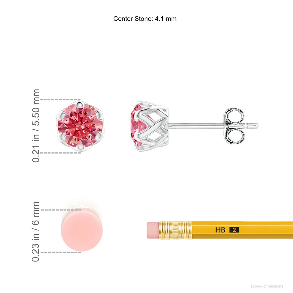 4.1mm Labgrown Six Prong-Set Lab-Grown Fancy Intense Pink Diamond Solitaire Filigree Stud Earrings in 18K White Gold ruler