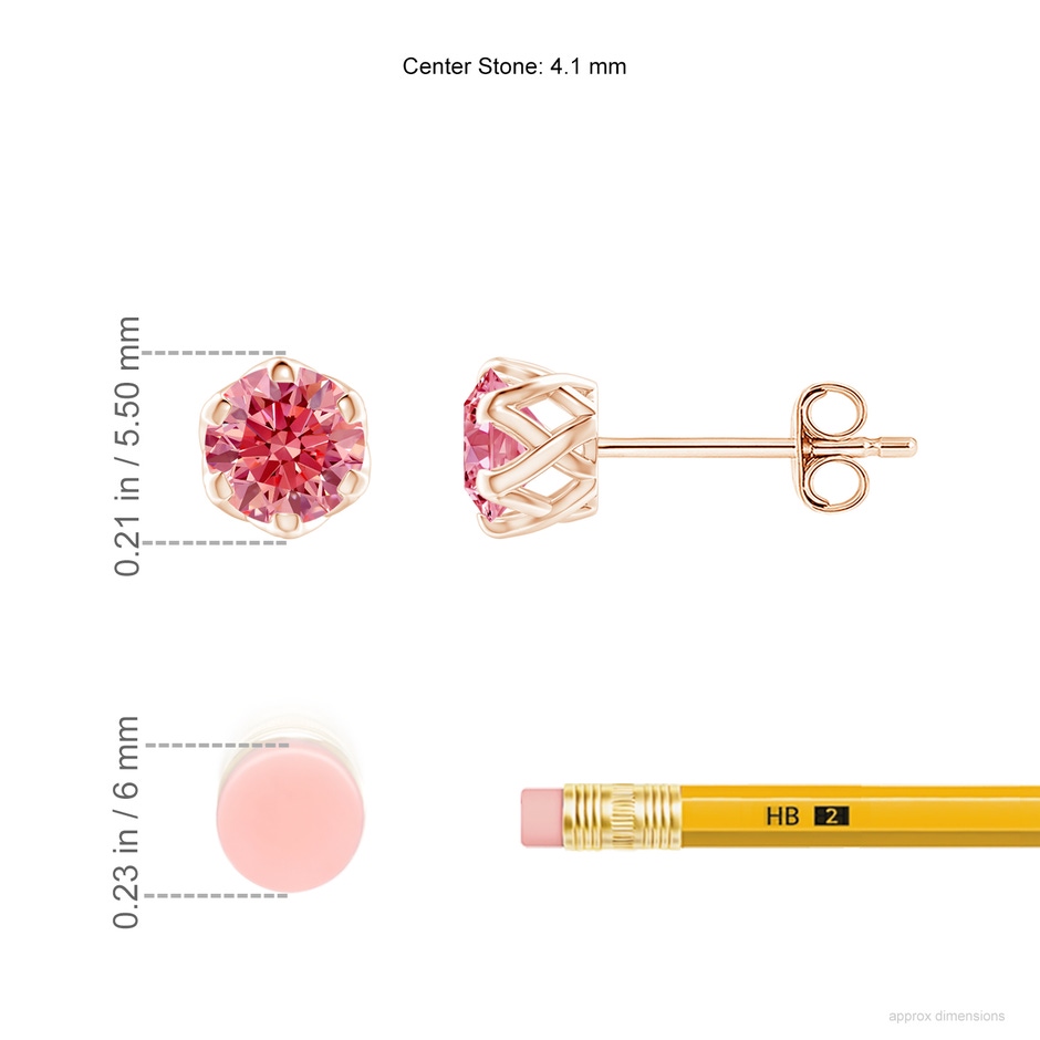 4.1mm Labgrown Six Prong-Set Lab-Grown Fancy Intense Pink Diamond Solitaire Filigree Stud Earrings in Rose Gold ruler