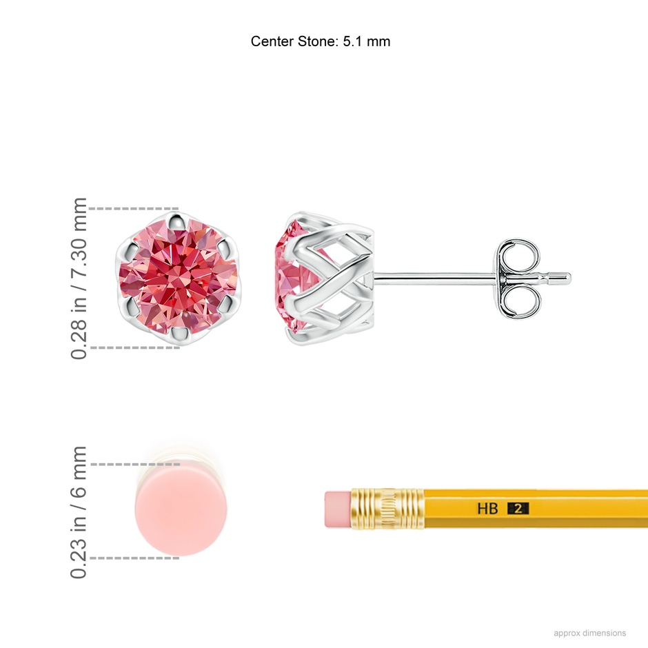 5.1mm Labgrown Six Prong-Set Lab-Grown Fancy Intense Pink Diamond Solitaire Filigree Stud Earrings in White Gold ruler