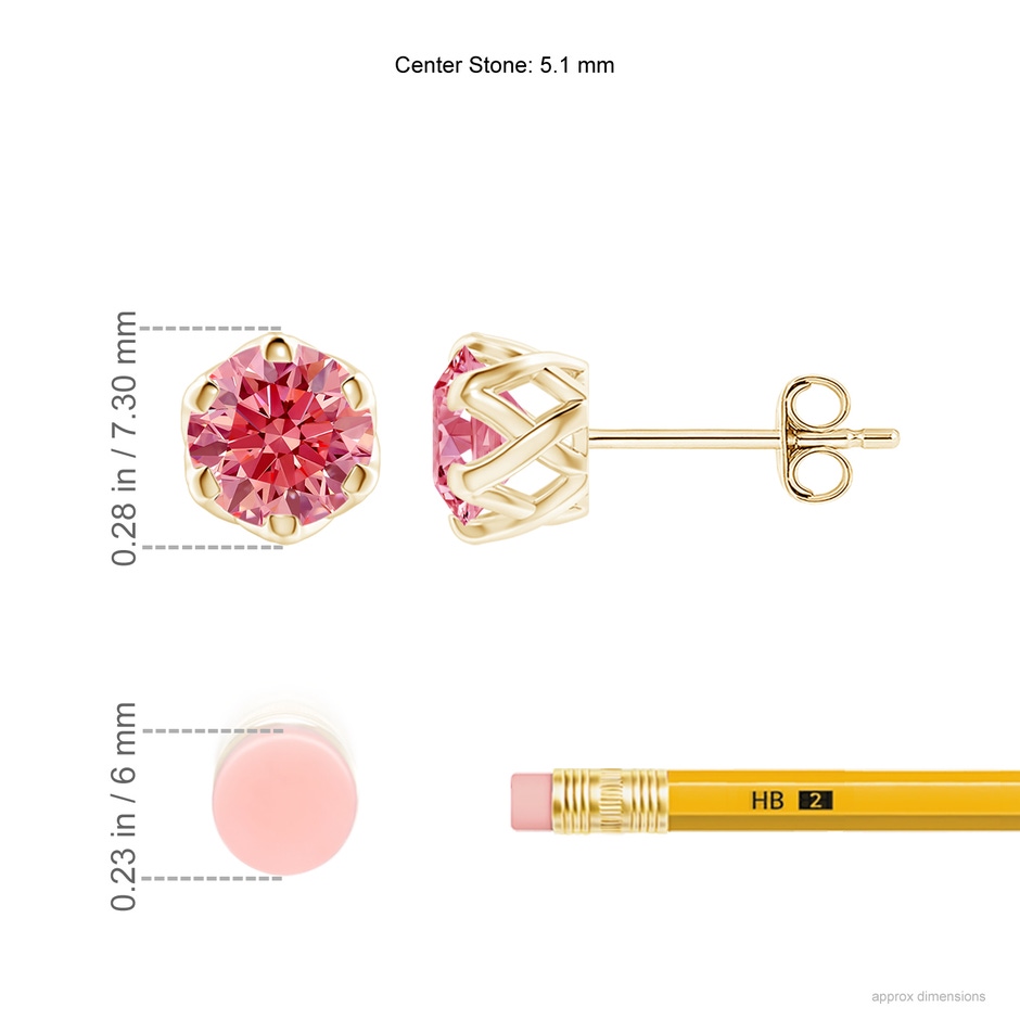 5.1mm Labgrown Six Prong-Set Lab-Grown Fancy Intense Pink Diamond Solitaire Filigree Stud Earrings in Yellow Gold ruler