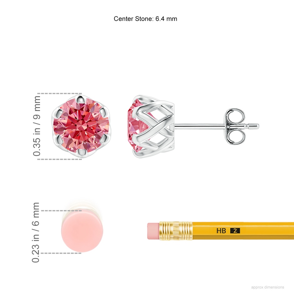 6.4mm Labgrown Six Prong-Set Lab-Grown Fancy Intense Pink Diamond Solitaire Filigree Stud Earrings in P950 Platinum ruler