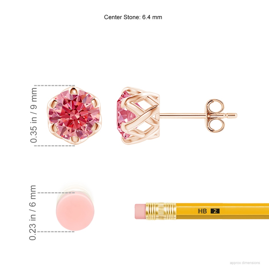 6.4mm Labgrown Six Prong-Set Lab-Grown Fancy Intense Pink Diamond Solitaire Filigree Stud Earrings in Rose Gold ruler