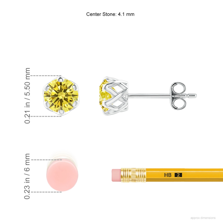 4.1mm Labgrown Six Prong-Set Lab-Grown Fancy Intense Yellow Diamond Solitaire Filigree Stud Earrings in White Gold ruler