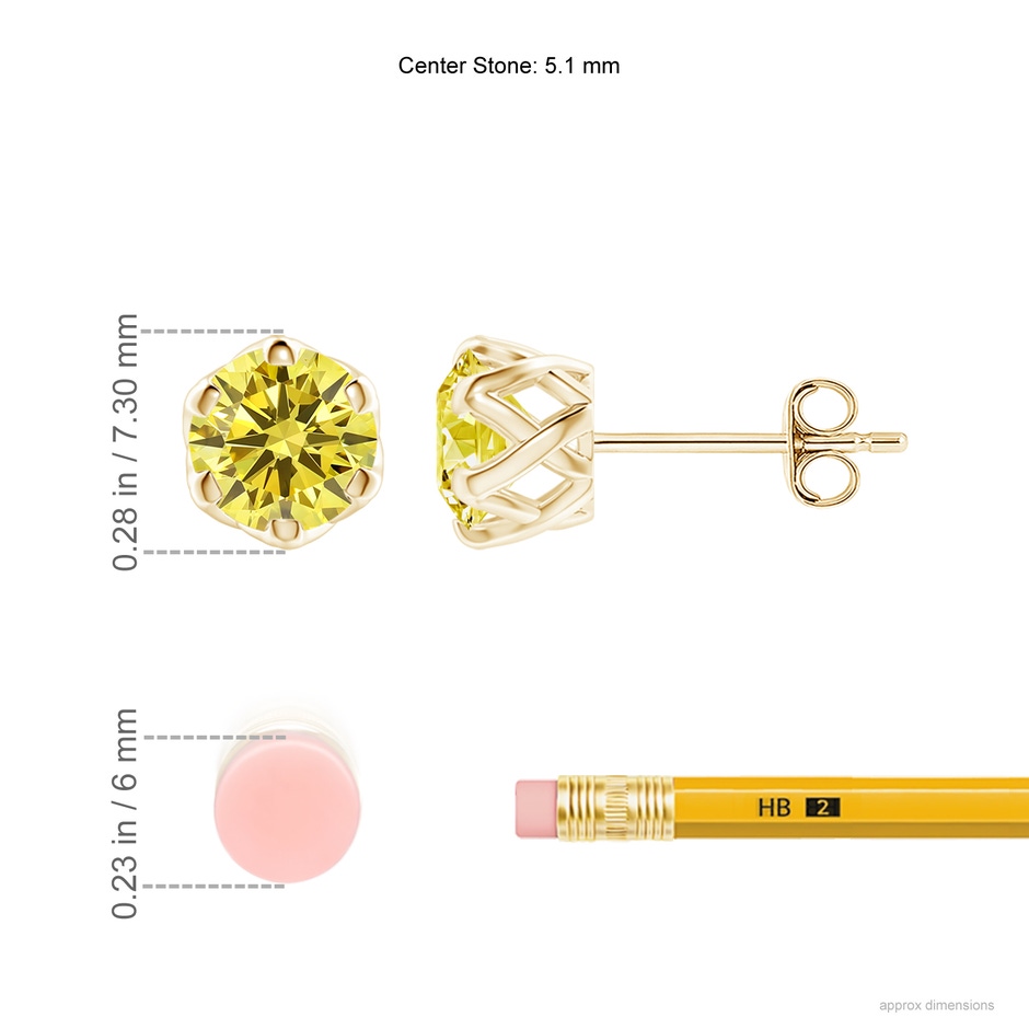 5.1mm Labgrown Six Prong-Set Lab-Grown Fancy Intense Yellow Diamond Solitaire Filigree Stud Earrings in Yellow Gold ruler