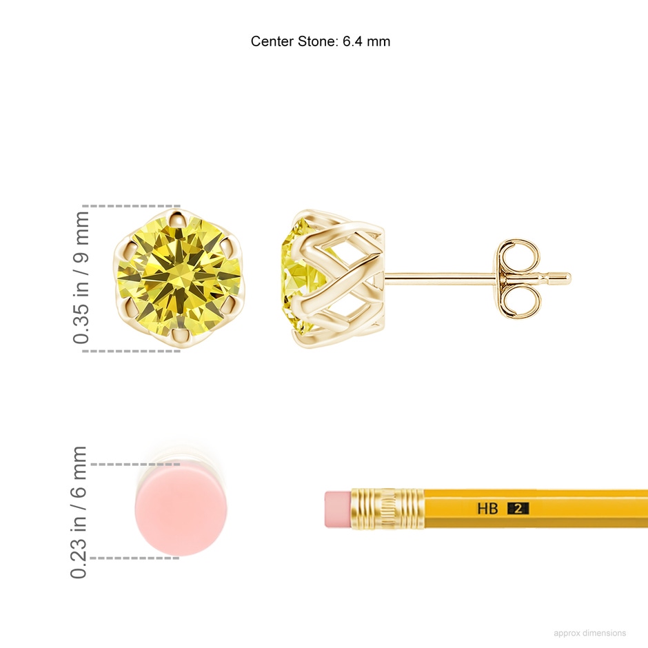 6.4mm Labgrown Six Prong-Set Lab-Grown Fancy Intense Yellow Diamond Solitaire Filigree Stud Earrings in Yellow Gold ruler