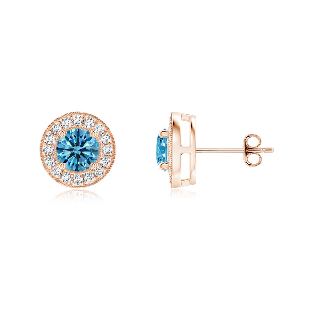 4.2mm Labgrown Solitaire Round Lab-Grown Fancy Intense Blue Diamond Halo Stud Earrings in Rose Gold