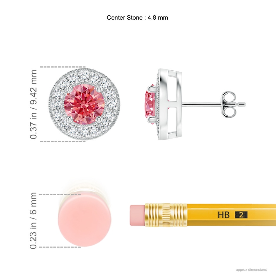 4.8mm Labgrown Solitaire Round Lab-Grown Fancy Intense Pink Diamond Halo Stud Earrings in White Gold ruler