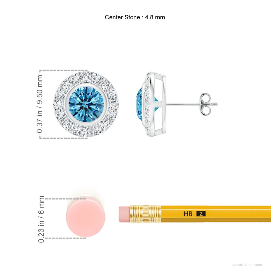 4.8mm Labgrown Solitaire Bezel-Set Round Lab-Grown Fancy Intense Blue Diamond Halo Stud Earrings in White Gold ruler