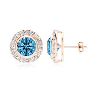 6.4mm Labgrown Solitaire Bezel-Set Round Lab-Grown Fancy Intense Blue Diamond Halo Stud Earrings in 9K Rose Gold