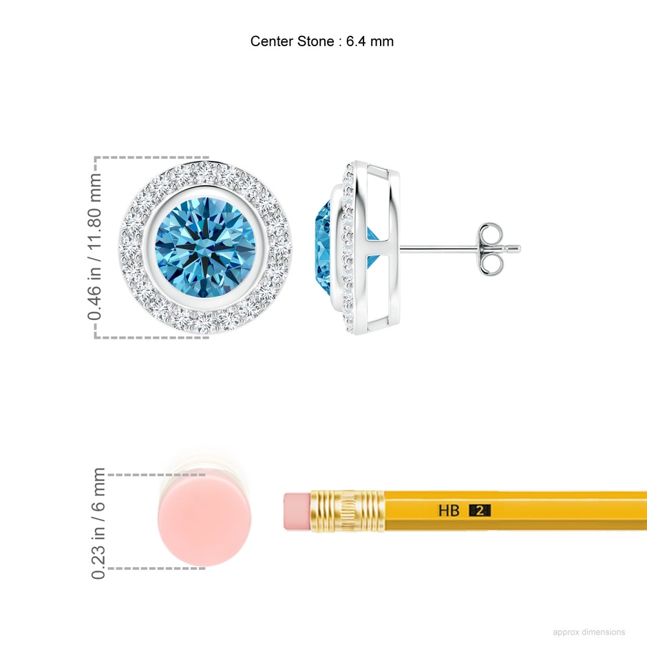 6.4mm Labgrown Solitaire Bezel-Set Round Lab-Grown Fancy Intense Blue Diamond Halo Stud Earrings in P950 Platinum ruler