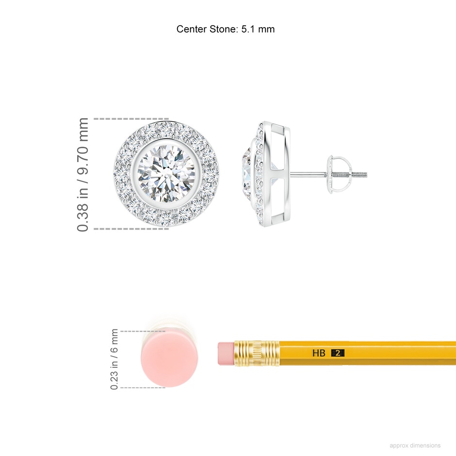 5.1mm FGVS Lab-Grown Solitaire Bezel-Set Round Diamond Halo Stud Earrings in 18K White Gold ruler