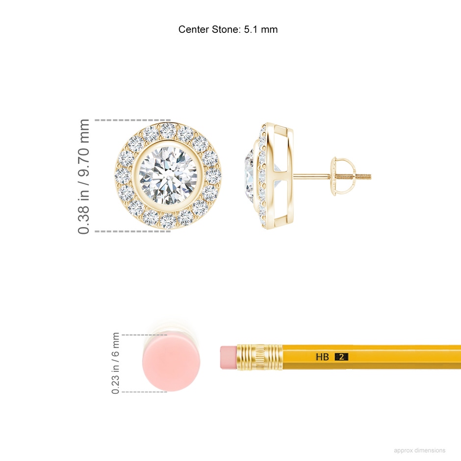 5.1mm FGVS Lab-Grown Solitaire Bezel-Set Round Diamond Halo Stud Earrings in Yellow Gold ruler