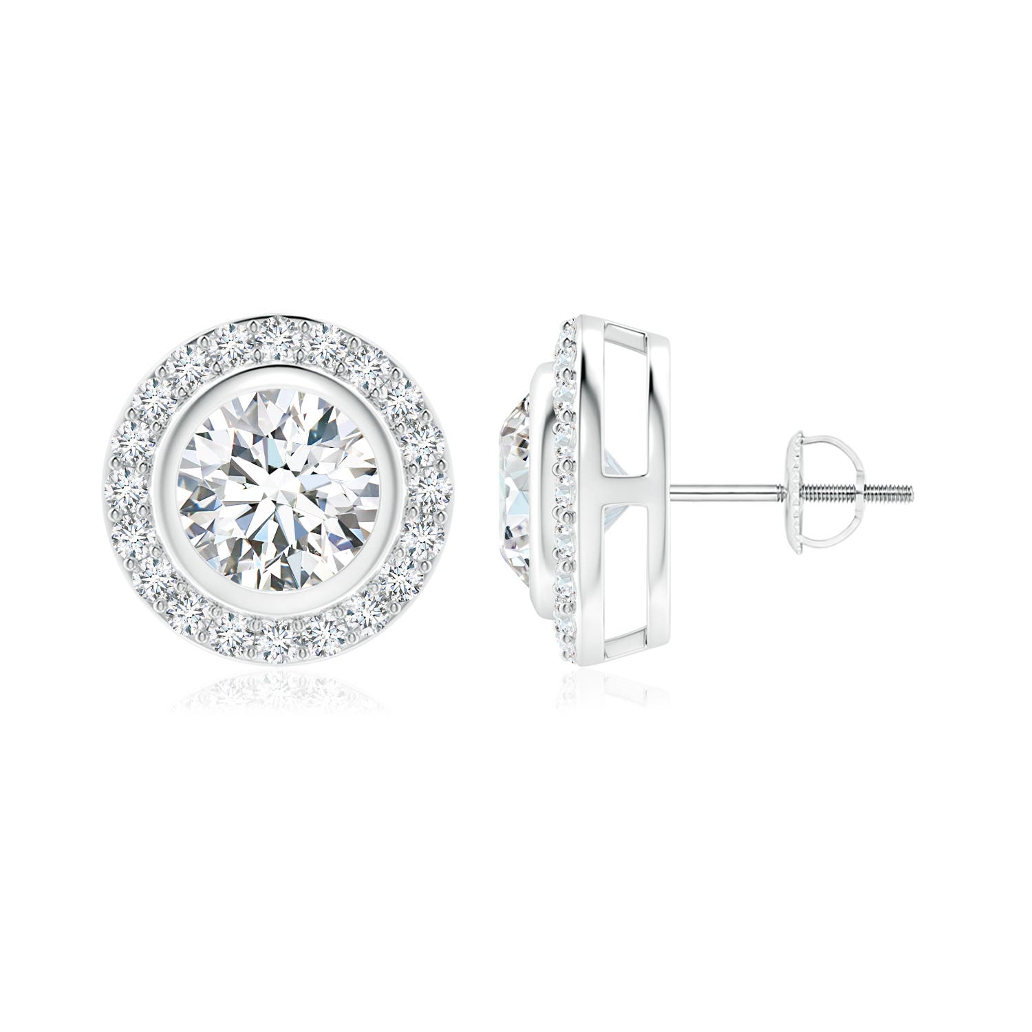 6.4mm FGVS Lab-Grown Solitaire Bezel-Set Round Diamond Halo Stud Earrings in 18K White Gold