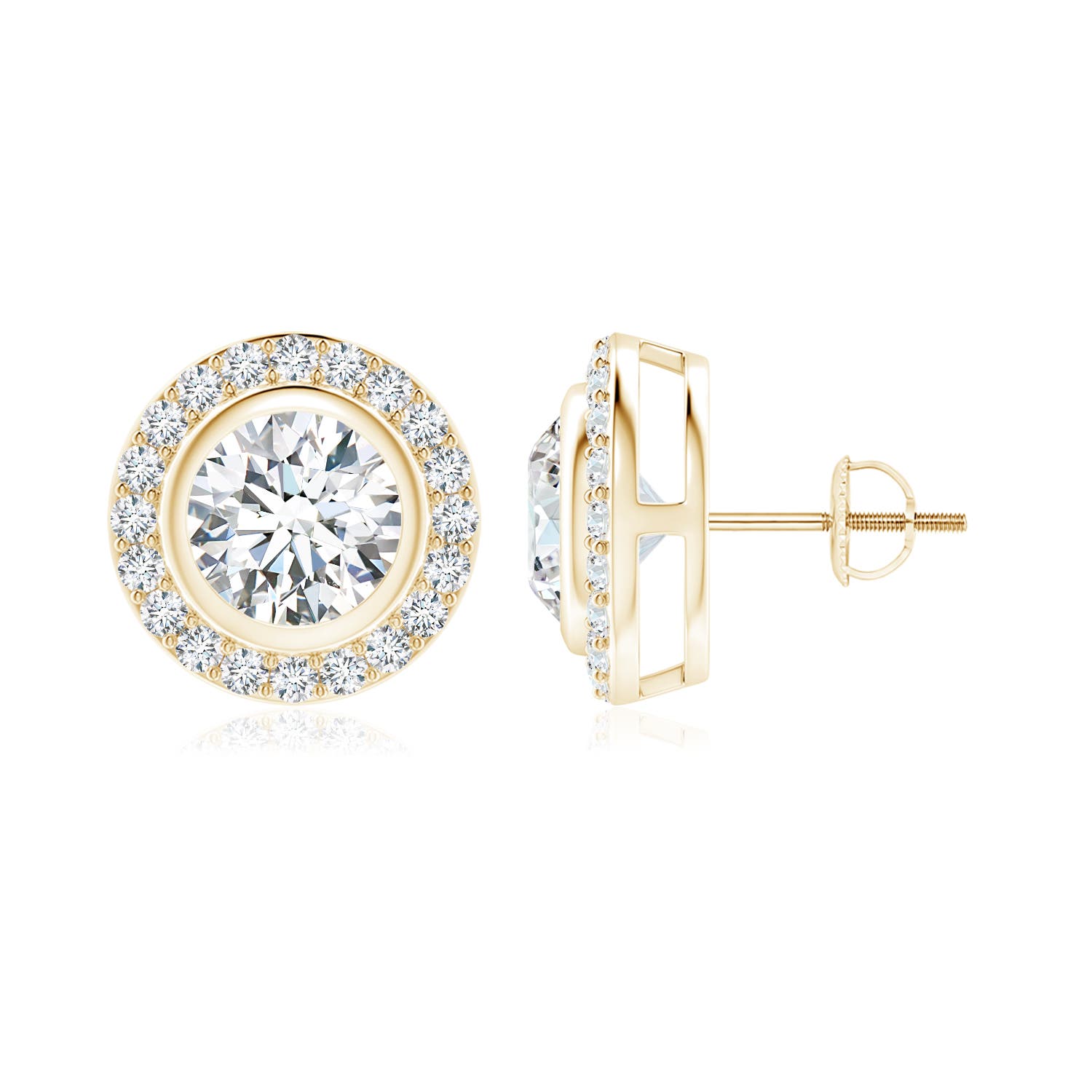 6.4mm FGVS Lab-Grown Solitaire Bezel-Set Round Diamond Halo Stud Earrings in 18K Yellow Gold