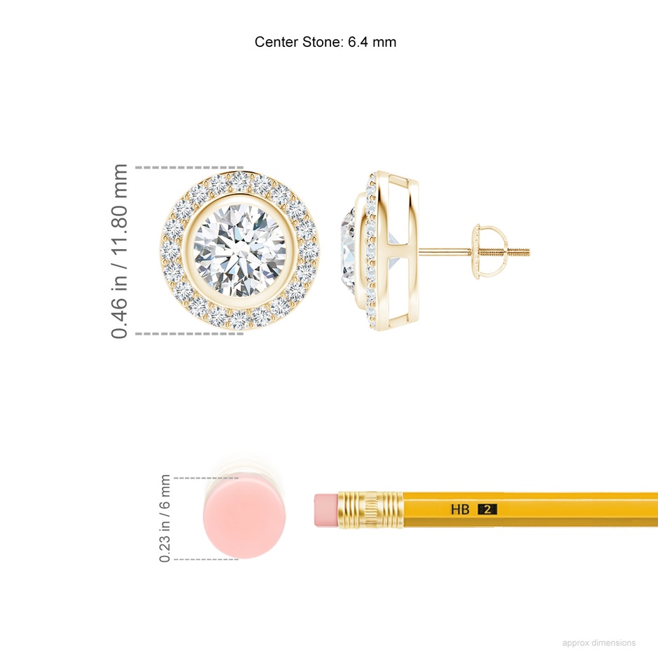 6.4mm FGVS Lab-Grown Solitaire Bezel-Set Round Diamond Halo Stud Earrings in Yellow Gold ruler