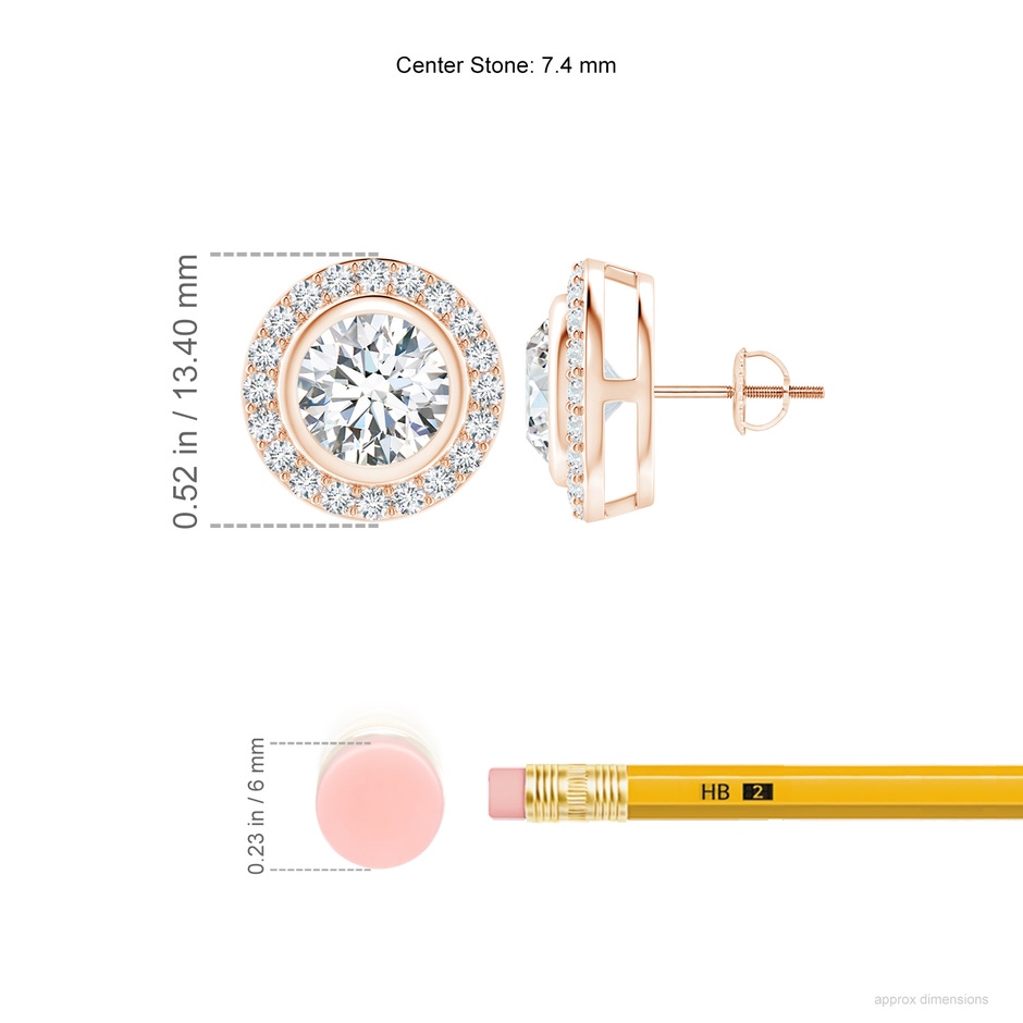 7.4mm FGVS Lab-Grown Solitaire Bezel-Set Round Diamond Halo Stud Earrings in Rose Gold ruler