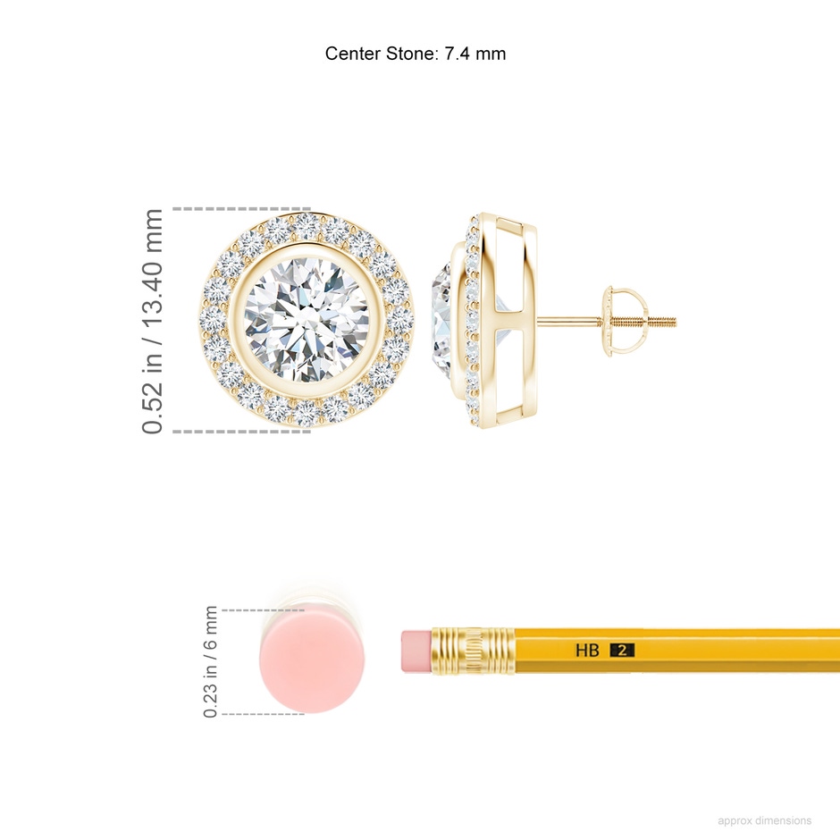 7.4mm FGVS Lab-Grown Solitaire Bezel-Set Round Diamond Halo Stud Earrings in Yellow Gold ruler
