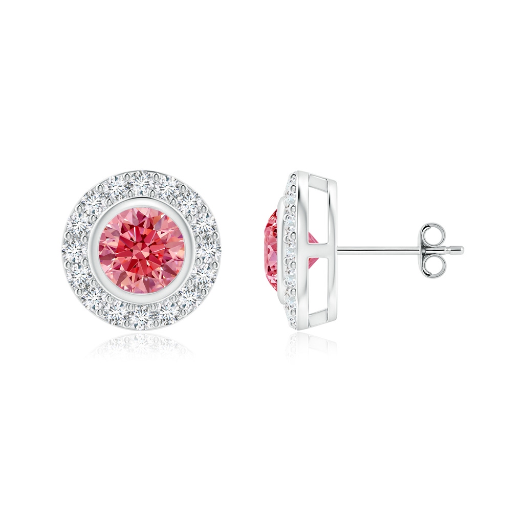 4.8mm Labgrown Solitaire Bezel-Set Round Lab-Grown Fancy Intense Pink Diamond Halo Stud Earrings in White Gold