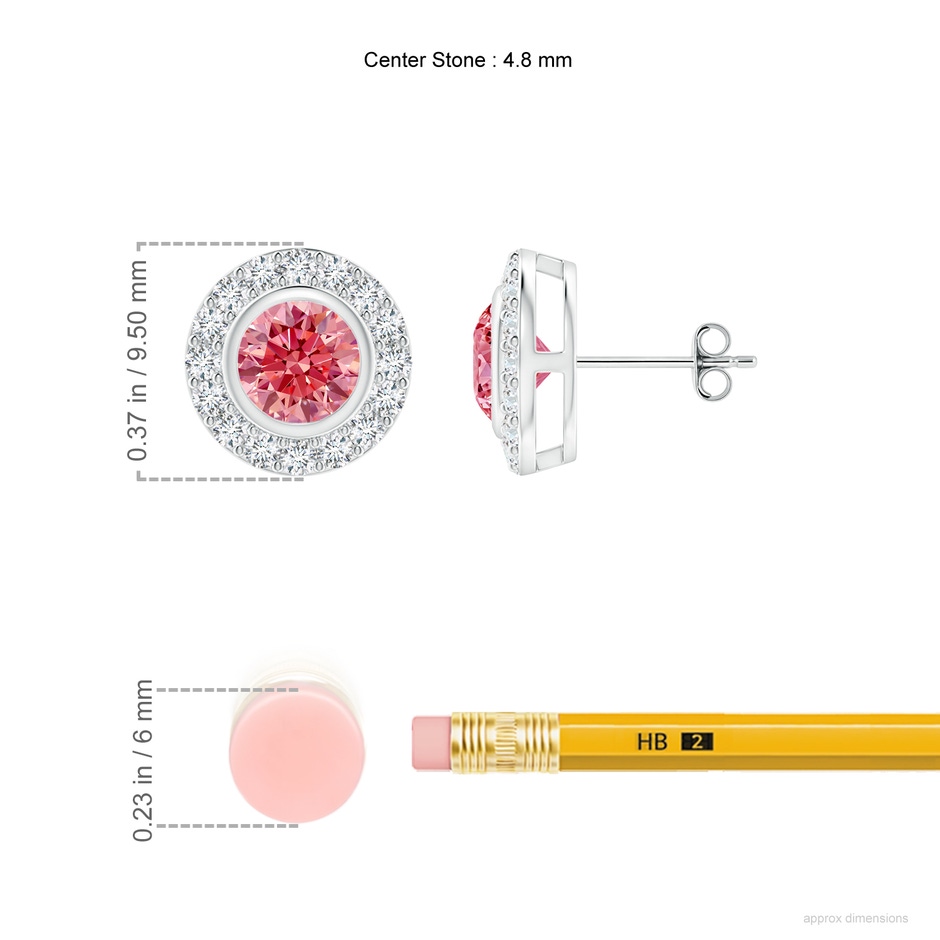 4.8mm Labgrown Solitaire Bezel-Set Round Lab-Grown Fancy Intense Pink Diamond Halo Stud Earrings in White Gold ruler