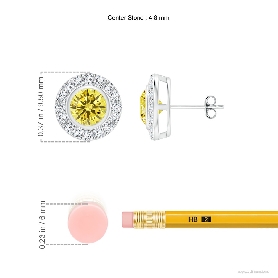 4.8mm Labgrown Solitaire Bezel-Set Round Lab-Grown Fancy Intense Yellow Diamond Halo Stud Earrings in White Gold ruler