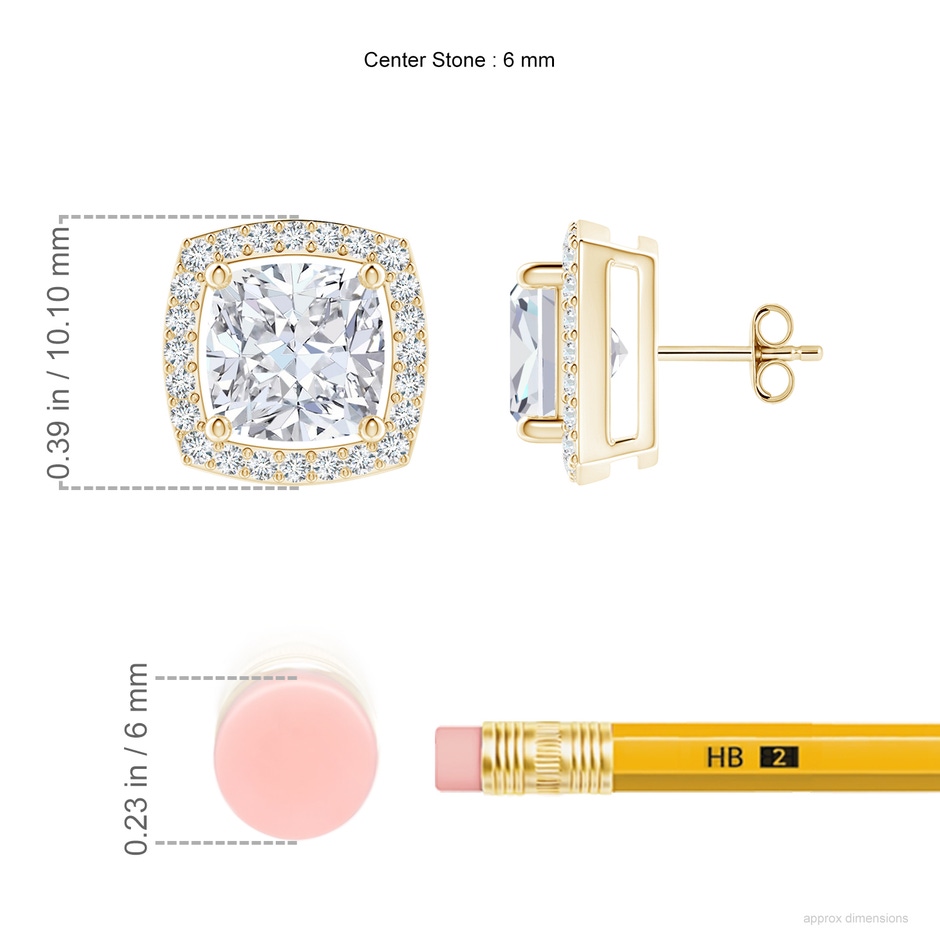 6mm FGVS Cushion Lab-Grown Diamond Floating Halo Stud Earrings in Yellow Gold ruler