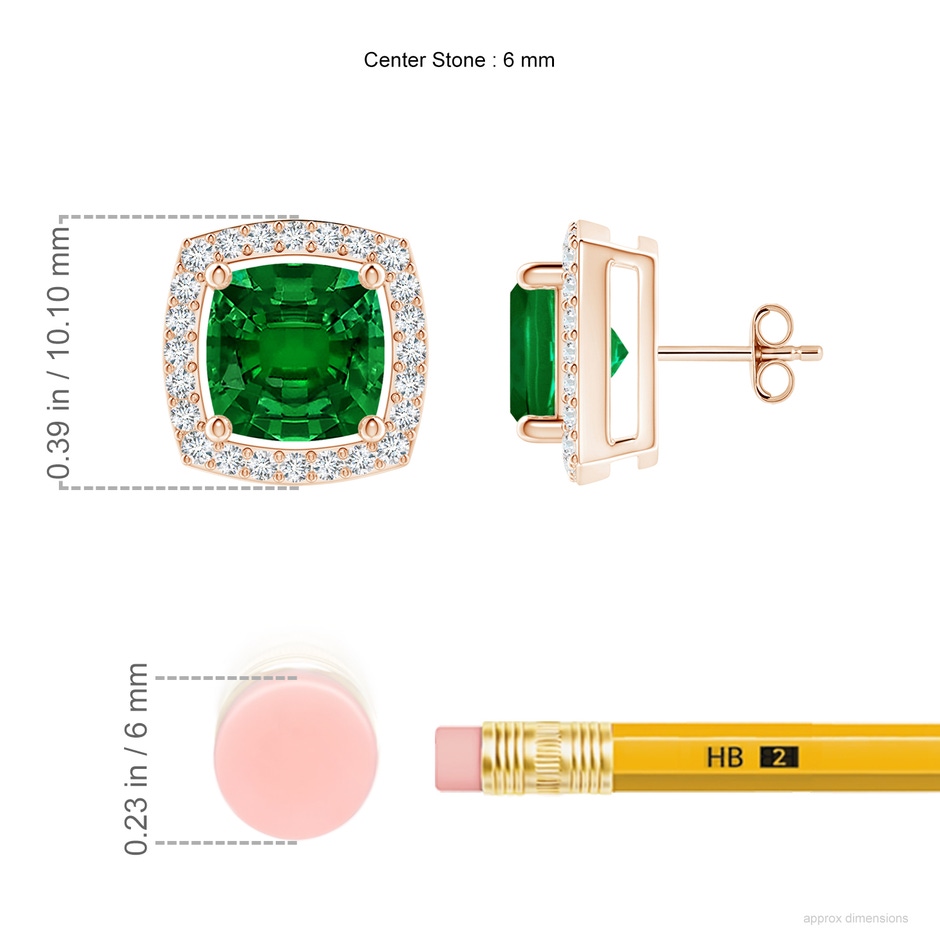 6mm Labgrown Cushion Lab-Grown Emerald Floating Halo Stud Earrings in Rose Gold ruler