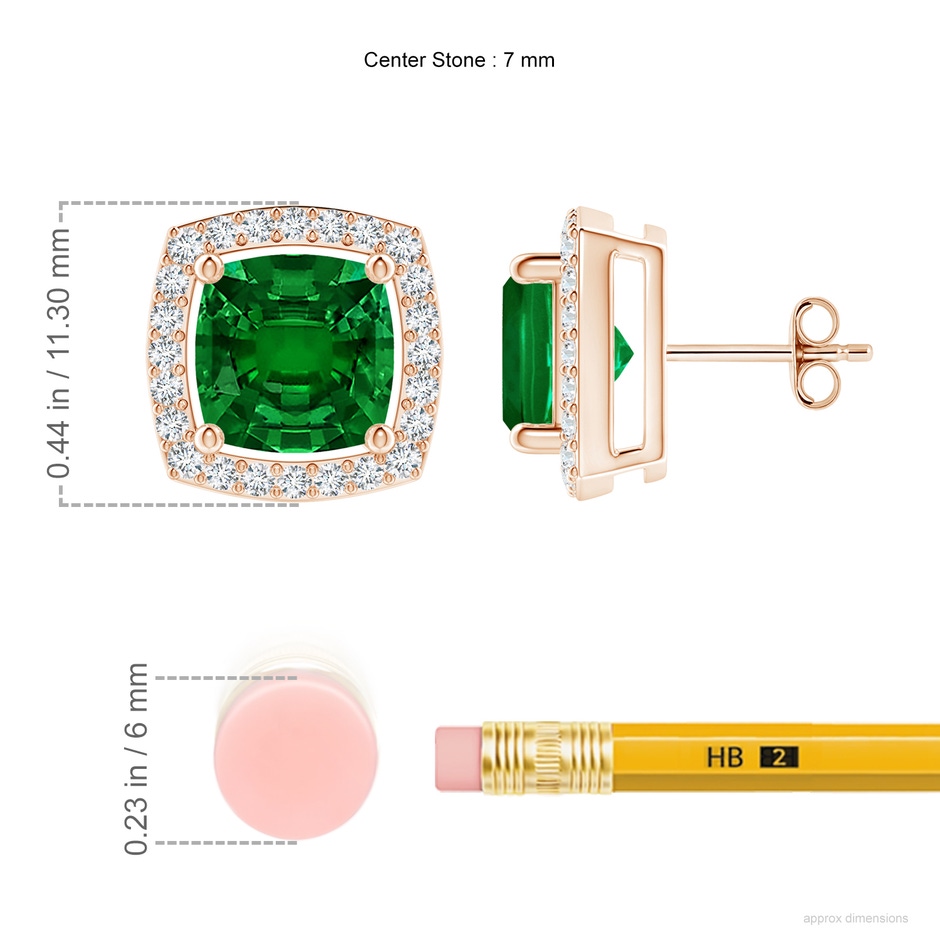 7mm Labgrown Cushion Lab-Grown Emerald Floating Halo Stud Earrings in Rose Gold ruler