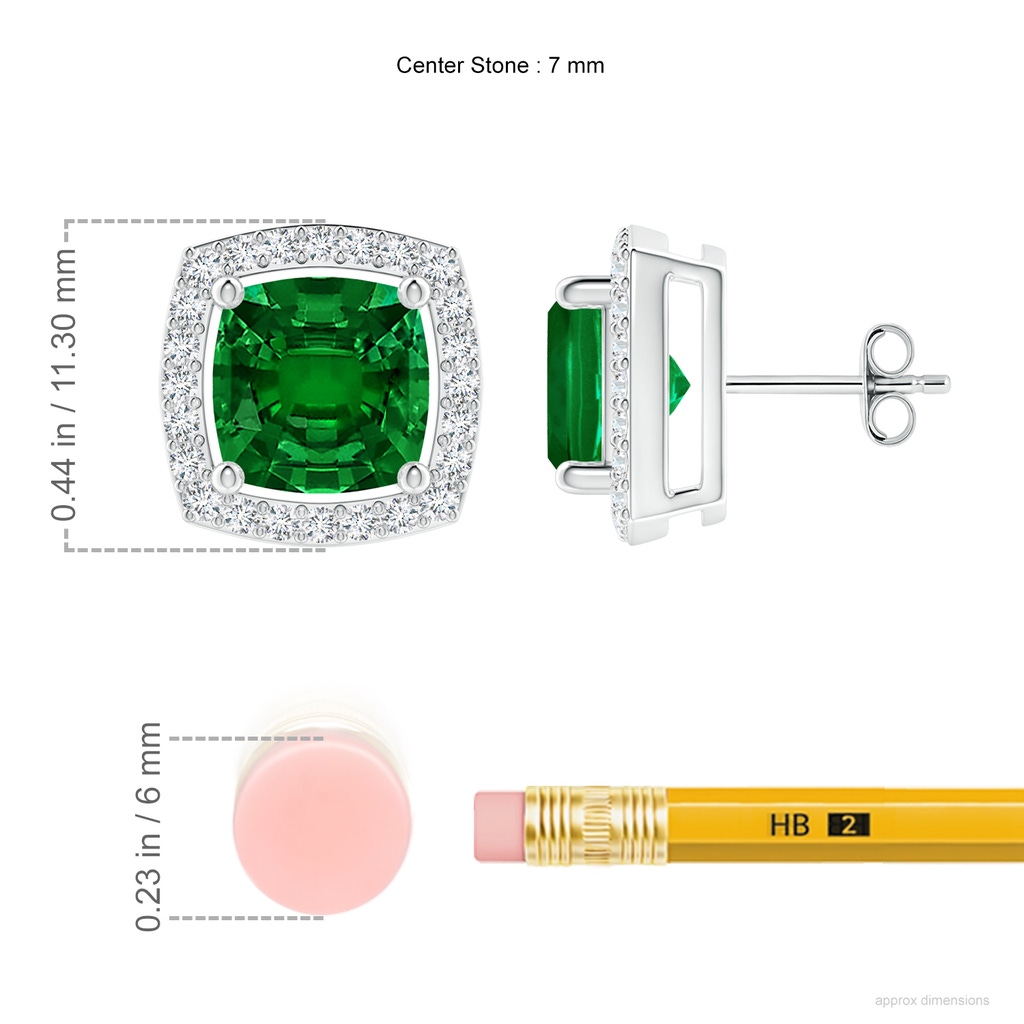 7mm Labgrown Cushion Lab-Grown Emerald Floating Halo Stud Earrings in White Gold ruler