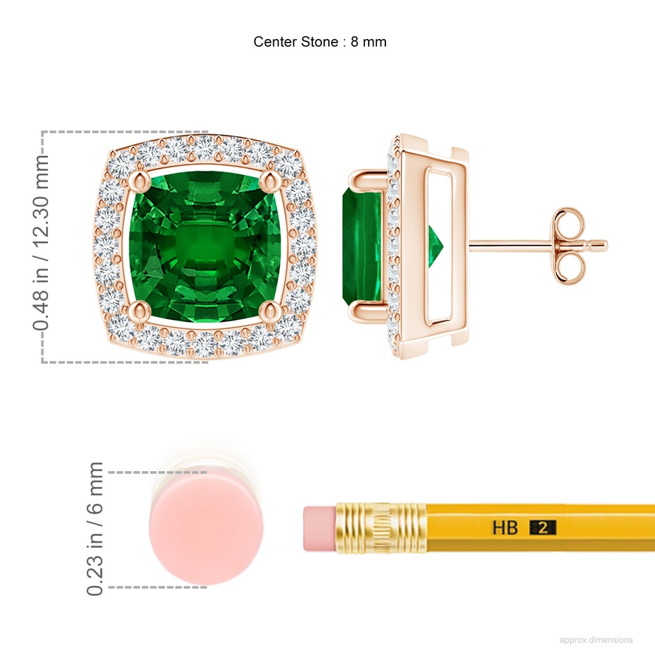 8mm Labgrown Cushion Lab-Grown Emerald Floating Halo Stud Earrings in Rose Gold ruler