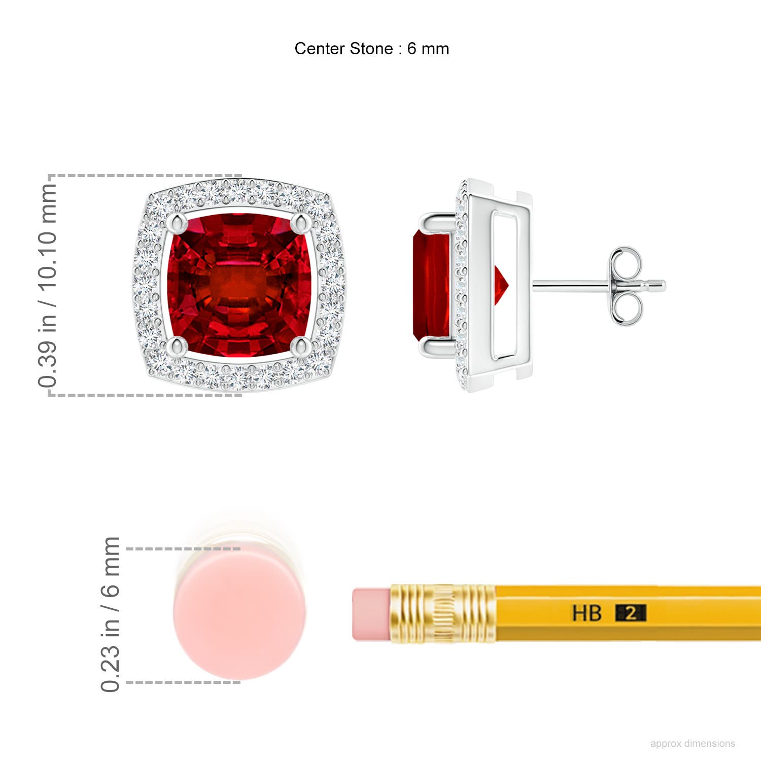6mm Labgrown Cushion Lab-Grown Ruby Floating Halo Stud Earrings in White Gold - ruler