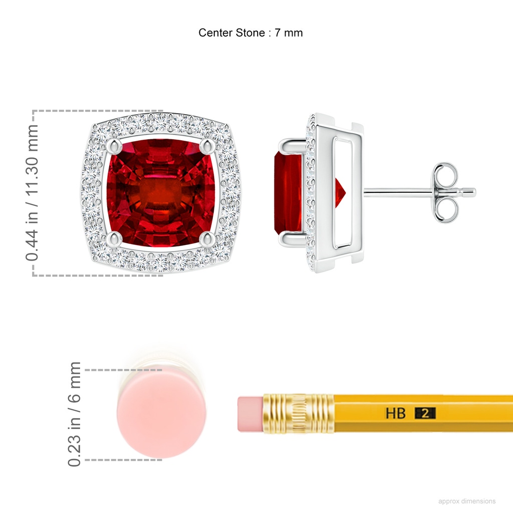 7mm Labgrown Cushion Lab-Grown Ruby Floating Halo Stud Earrings in White Gold ruler