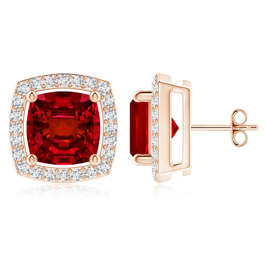 8mm Labgrown Cushion Lab-Grown Ruby Floating Halo Stud Earrings in 18K Rose Gold 