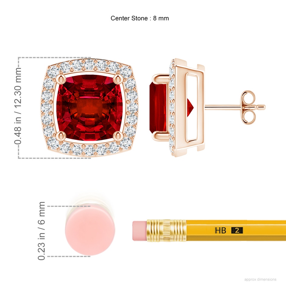 8mm Labgrown Cushion Lab-Grown Ruby Floating Halo Stud Earrings in 18K Rose Gold ruler