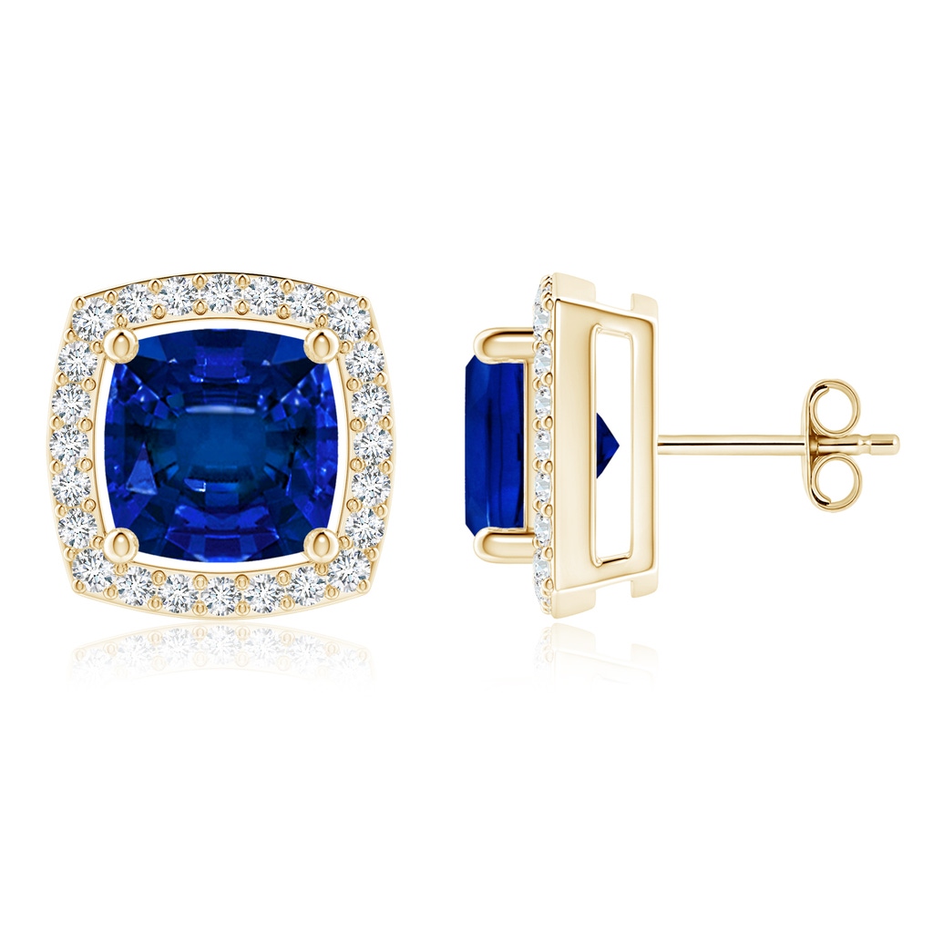 7mm Labgrown Cushion Lab-Grown Blue Sapphire Floating Halo Stud Earrings in Yellow Gold
