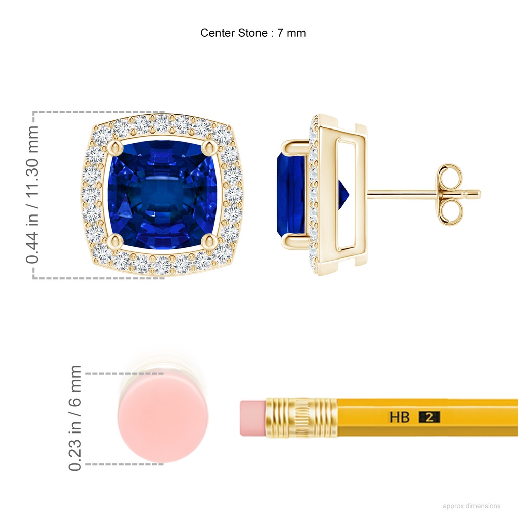 7mm Labgrown Cushion Lab-Grown Blue Sapphire Floating Halo Stud Earrings in Yellow Gold ruler