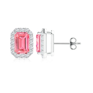 6x4mm Labgrown Emerald-Cut Lab-Grown Fancy Intense Pink Diamond Halo Stud Earrings in White Gold