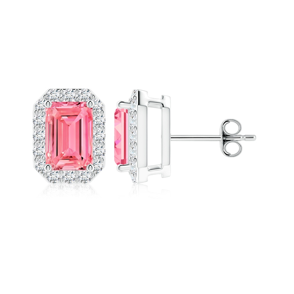 6x4mm Labgrown Emerald-Cut Lab-Grown Fancy Intense Pink Diamond Halo Stud Earrings in White Gold 