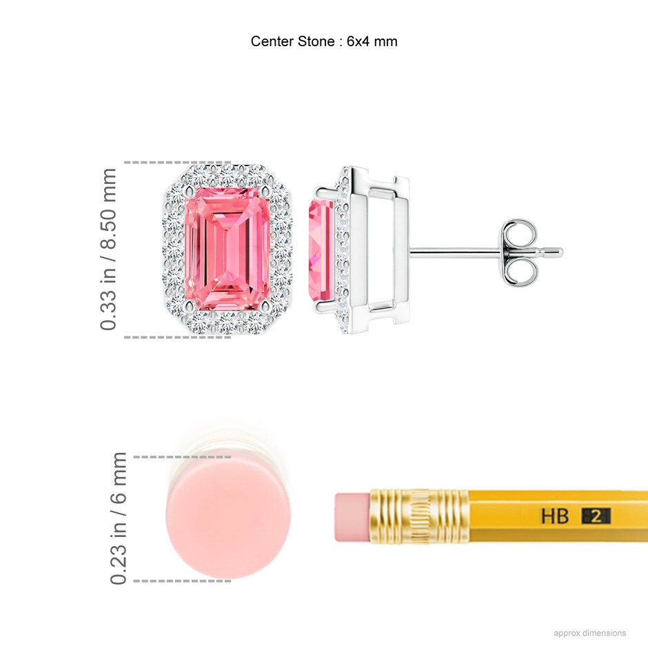 6x4mm Labgrown Emerald-Cut Lab-Grown Fancy Intense Pink Diamond Halo Stud Earrings in White Gold ruler