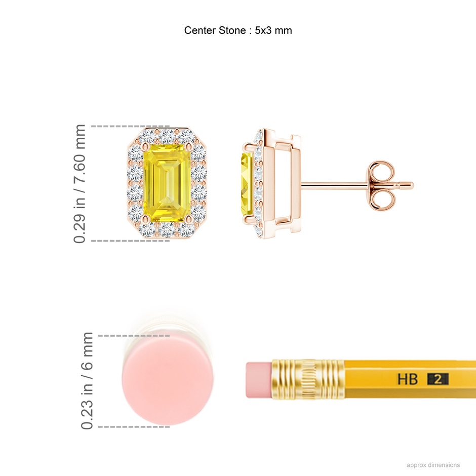 5x3mm Labgrown Emerald-Cut Lab-Grown Fancy Intense Yellow Diamond Halo Stud Earrings in Rose Gold ruler