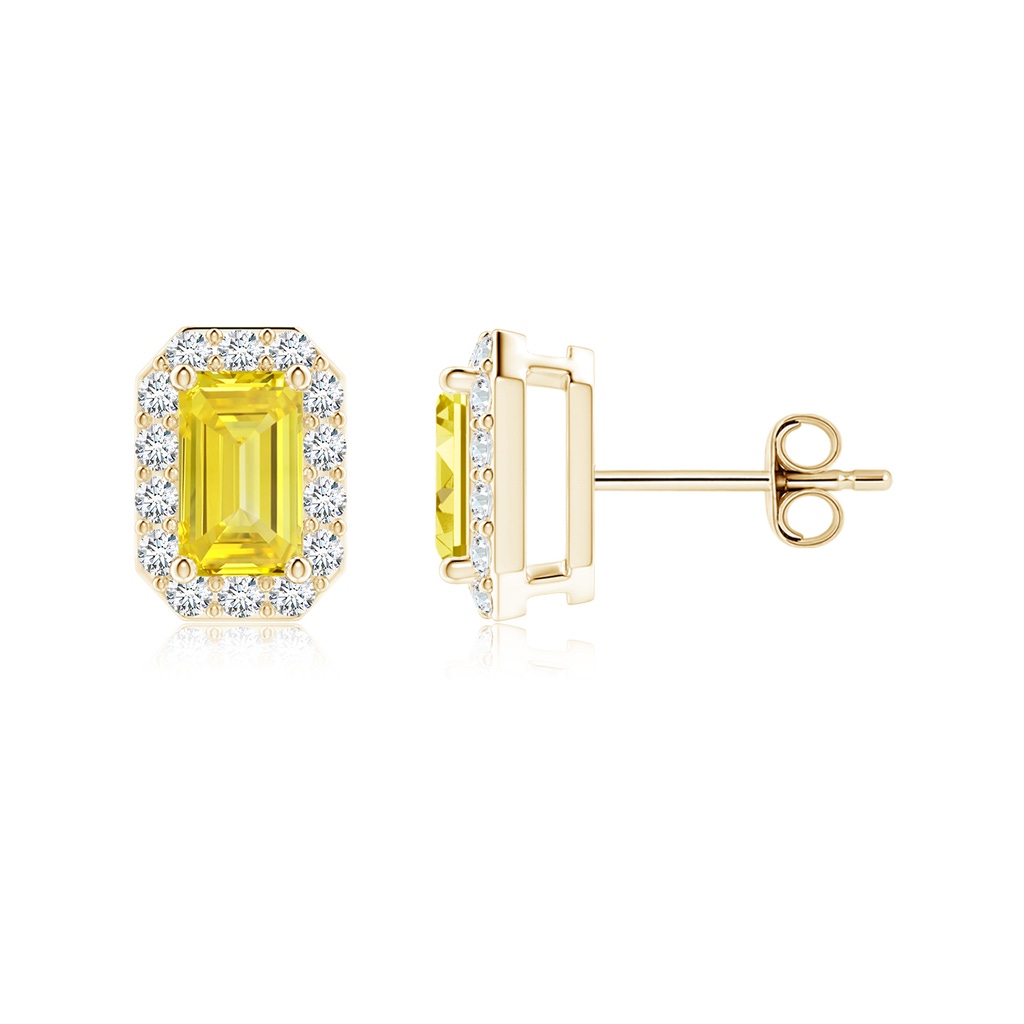 5x3mm Labgrown Emerald-Cut Lab-Grown Fancy Intense Yellow Diamond Halo Stud Earrings in Yellow Gold