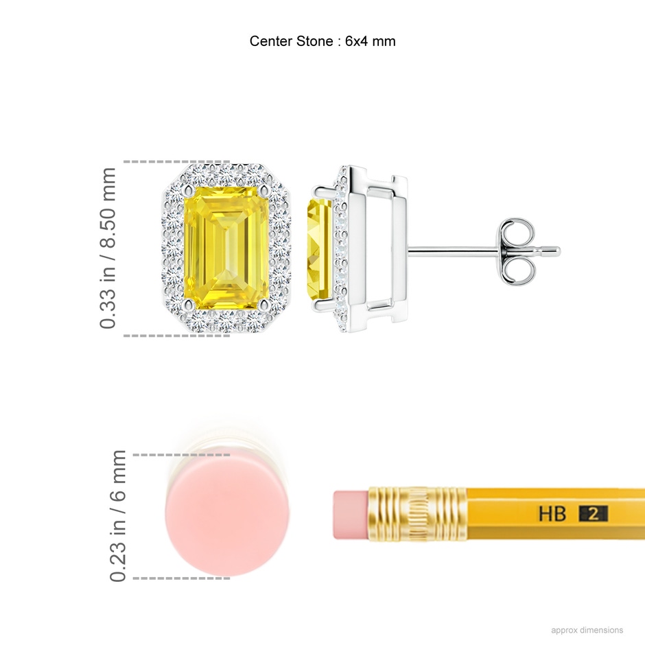 6x4mm Labgrown Emerald-Cut Lab-Grown Fancy Intense Yellow Diamond Halo Stud Earrings in P950 Platinum ruler