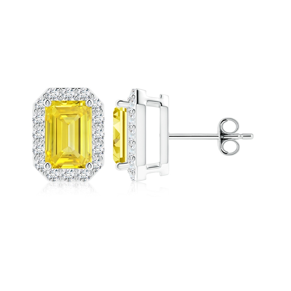 6x4mm Labgrown Emerald-Cut Lab-Grown Fancy Intense Yellow Diamond Halo Stud Earrings in White Gold 