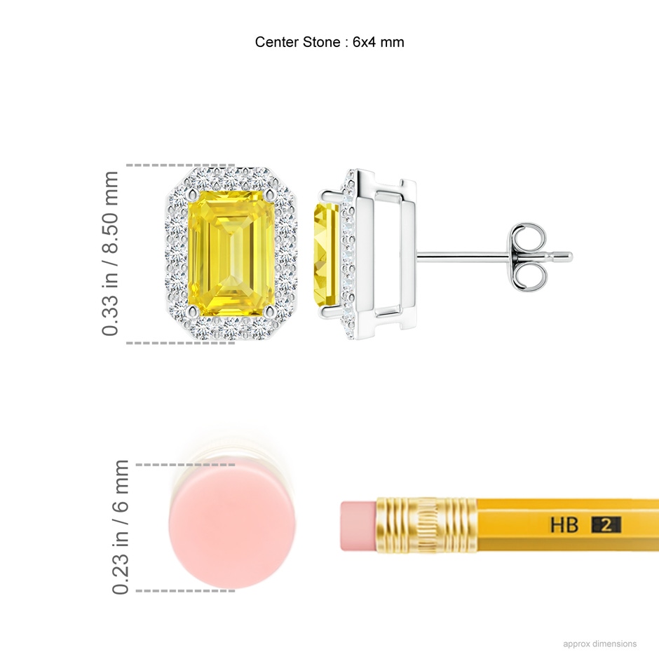 6x4mm Labgrown Emerald-Cut Lab-Grown Fancy Intense Yellow Diamond Halo Stud Earrings in White Gold ruler