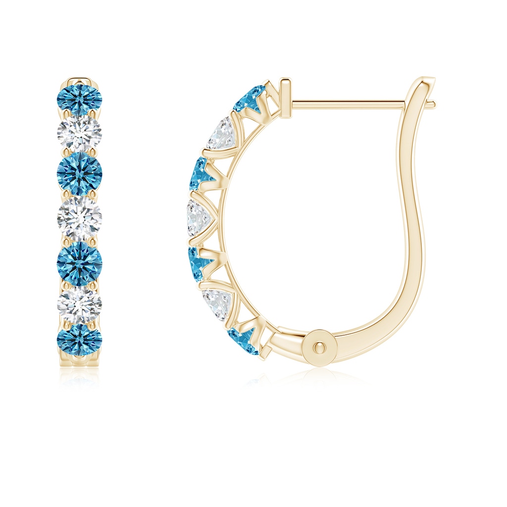 2.5mm Labgrown Lab-Grown Fancy Intense Blue and White Diamond Huggie Hoop Earrings in Yellow Gold