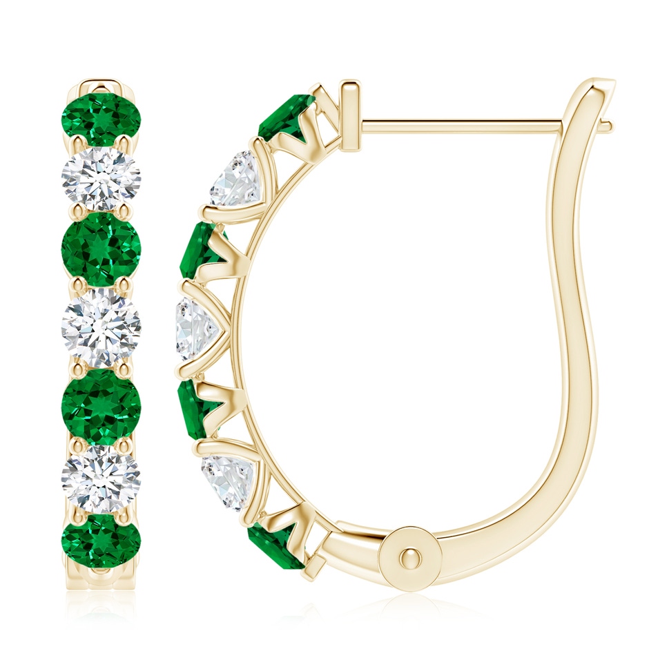 3.5mm Labgrown Prong-Set Lab-Grown Emerald and Diamond Huggie Hoop Earrings in Yellow Gold 