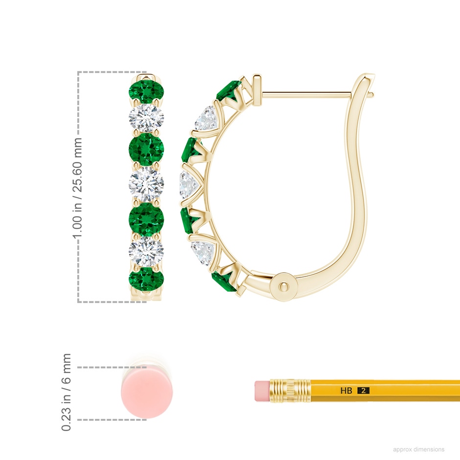 3.5mm Labgrown Prong-Set Lab-Grown Emerald and Diamond Huggie Hoop Earrings in Yellow Gold ruler