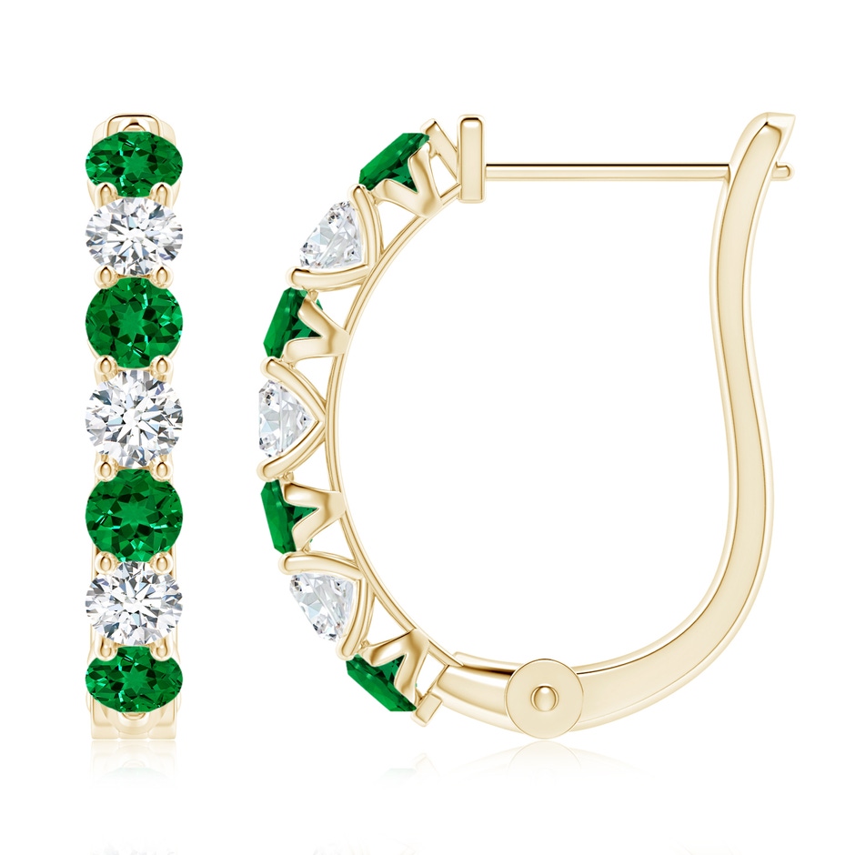 3mm Labgrown Prong-Set Lab-Grown Emerald and Diamond Huggie Hoop Earrings in Yellow Gold 