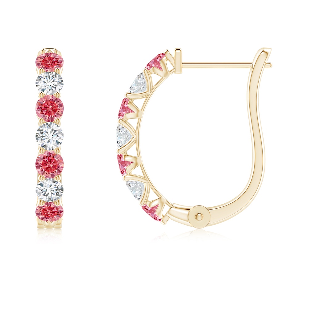 2.5mm Labgrown Lab-Grown Fancy Intense Pink and White Diamond Huggie Hoop Earrings in Yellow Gold