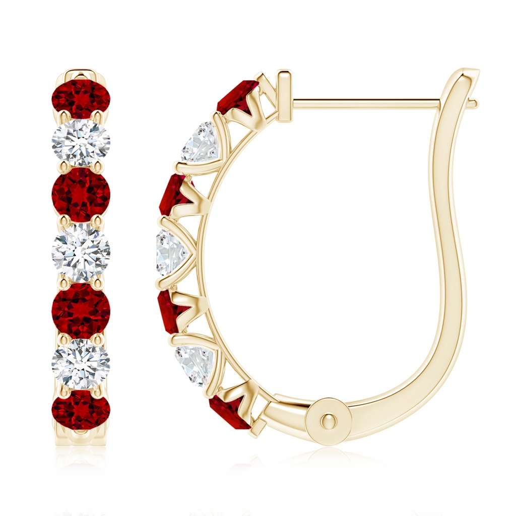 3mm Labgrown Lab-Grown Ruby and Diamond Huggie Hoop Earrings in 18K Yellow Gold