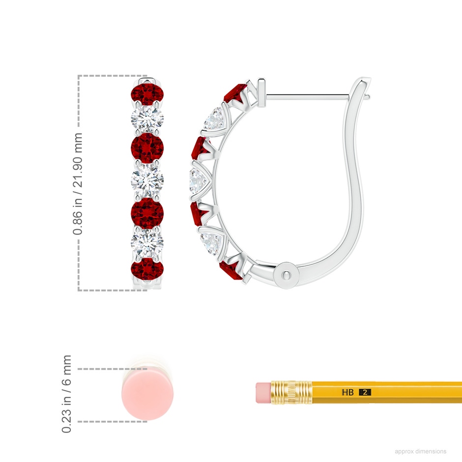 3mm Labgrown Lab-Grown Ruby and Diamond Huggie Hoop Earrings in White Gold ruler